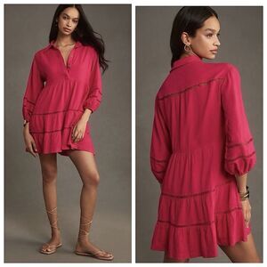 Anthropologie Maeve The Bettina Tiered Mini Shirt Dress Sz XL Pink Linen Blend
